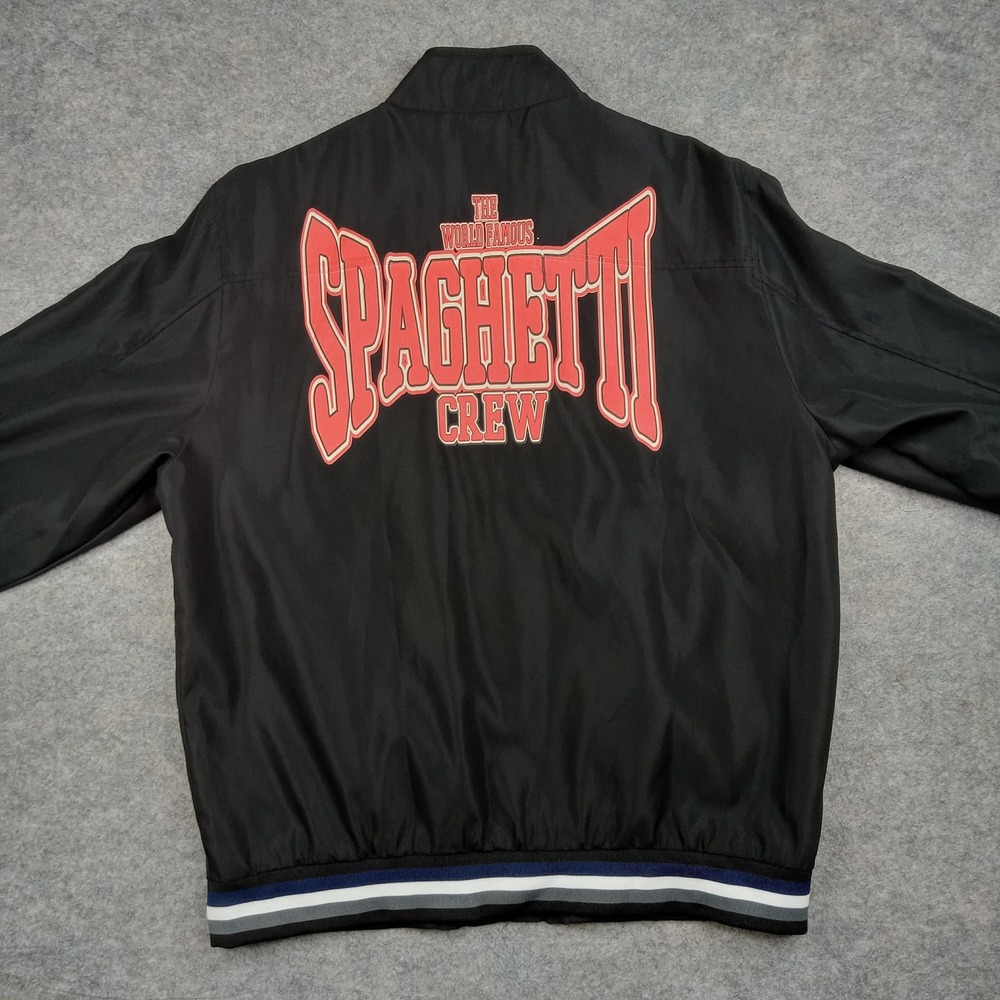Spaghetti Crew Jacket‎ Mens Medium Black Zip Up Bomber Graphic Back Rib Trim